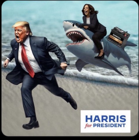 A meme of Kamala Harris riding a shark (with a battery tied to its fin) chasing Donald Trump.