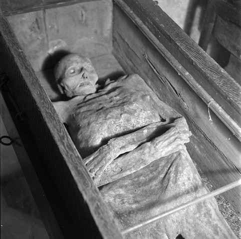 This is a black-and-white photo.

It shows a mummified body in a wooden coffin.

The body has its arms folded over its torso. The face is visible, albeit dried out and sunken. The teeth are intact & the eyes closed. Hair isn't visible.