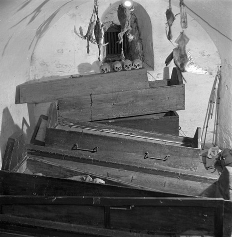 This is a black-and-white photo of the crypt.

It is a vaulted, whitewashed stone cellar with a rounded small window in the back wall. There are several wooden, square coffins, stacked haphazardly atop each other.

Four skulls line the top coffin, seemingly deliberately displayed.

Above the coffins, close to the small window, are dead birds hung from the ceiling. They too, are mummified.

The atmosphere of the photo resembles silent era movie stills, such as Nosferatu from 1922.
