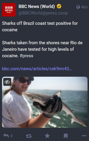 A screenshot of a BBC News Article with the headline:

Sharks off Brazil coast test positive for cocaine