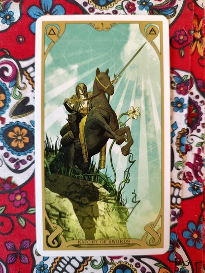 Card from the Night Sun Tarot deck. 
Knight of Swords. 
A knight on a dark horse, the horse is standing on its two back legs. The knight has his sword raised with his left hand, pointing ahead. They are at the edge of some cliff, or at least a higher ground, there is green grass under their feet. 