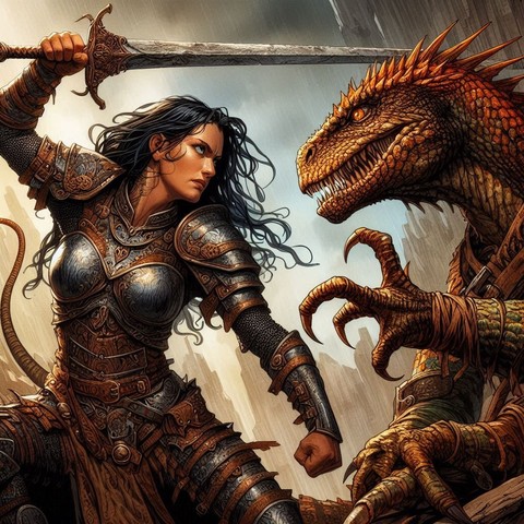 A female warrior is slaying an old evil lizzard man