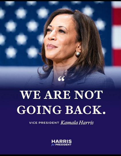 Promotional poster for Kamala Harris' presidential campaign. She is looking to her right and slightly upward and has a smile. Behind her is an American flag, which is out-of-focus.

The text reads: 