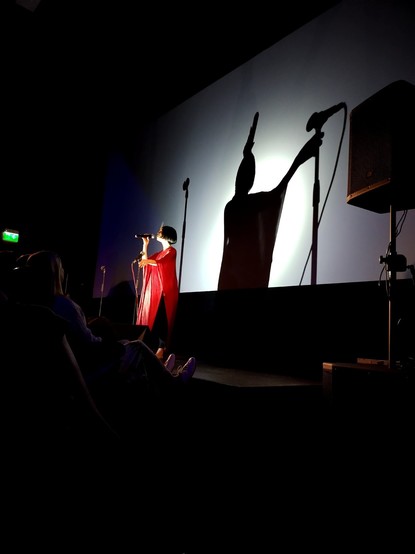A woman with cropped black hair, a scarlet poncho-style dress stands onstage holding a microphone with a large dramatic, angular shadow of her on the wall behind