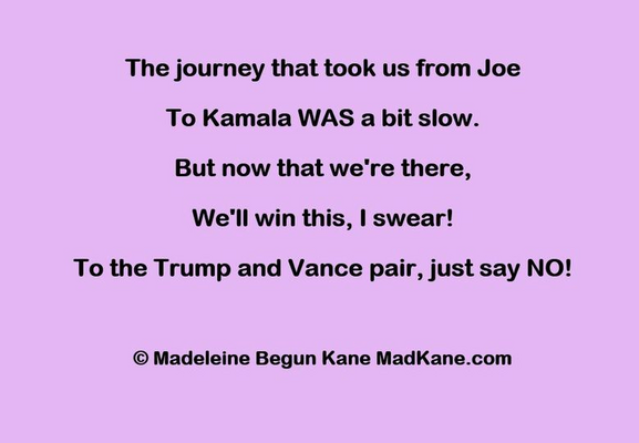 The journey that took us from Joe     
To Kamala WAS a bit slow.      
But now that we're there,         
We’ll win this, | swear!      
To the Trump and Vance pair, just say NO!     

© Madeleine Begun Kane MadKane.com 