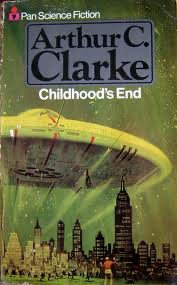 Cover of Childhood's End by Arthur C. Clarke

a green tinged picture with a large UFO over a city with many skyscrapers. People are running out of the city.