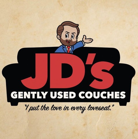 Advertisement for a fictional (as far as we know) furniture business. 

Text: JD's Gently Used Couches. 