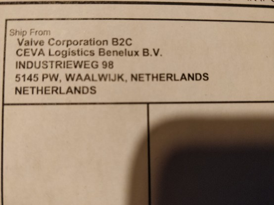 Detail from shipping label showing how it was shipped from Valve Corporation, c/o a Dutch logistics firm.