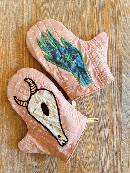 Pot-holders, hand-made from scraps, chainstitched. All vegan, near-zero waste