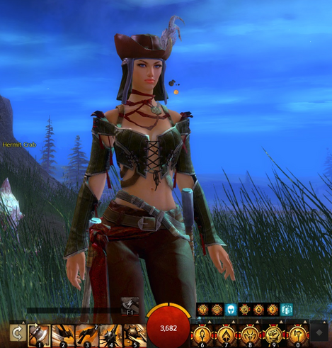 My Guild Wars 2 warrior character when she has to go undercover as a pirate. Pirates don't believe in armor, apparently.