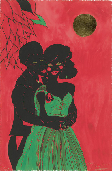 A stylized mixed media work featuring a Black heterosexual couple posing under a blazing sky. The man is standing behind the woman, his arms encircling her waist, and she rests her arms on top of his. He is dressed in black and red, while she is wearing a green evening dress with a red corsage pinned to the bodice. They both look towards the viewer, their faces so close to one another that they're standing cheek to cheek. Behind them, a golden sun shines in the sky, and the leafy branch of a tree comes into view.