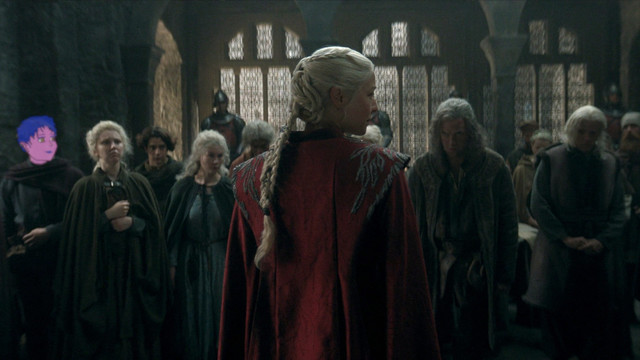 YouTube thumbnail for my House of the Dragon s02e07 video. Rhaenyra stands in foreground with red cloak facing crowd of potential dragon riders. My avatar is pasted onto the head of a person in crowd.  