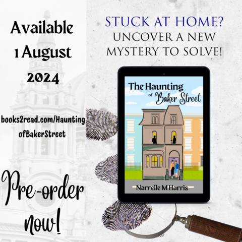 The cover for The Haunting of Baker Street, showing silhouettes in the upper windows of an old house, and two women on the front steps, is on a background of maginifying glass and fingerprints, with the text 'Stuck at Home? Uncover a New Mystery to Solve' above it. To the left, the text is: 