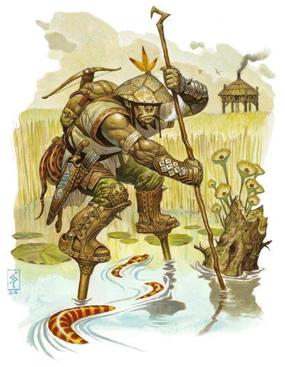 Fantasy art from a D&D book portraying an orc in an typical role. He is perched on two stilts standing in marshy water but with his feet dry. He's holding a long pole probing the water, and is wearing a coolie hat and smoking. A big water snake swims beneath him. There is a hut on stilts in the distance.