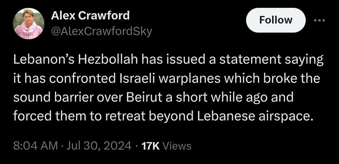 alexcrawfordsky on twitter: Lebanon's Hezbollah has issued a statement saying it has confronted Israeli warplanes which broke the sound barrier over Beirut a short while ago and forced them to retreat beyond Lebanese airspace.