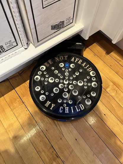Roomba covered with googly eyes and 
