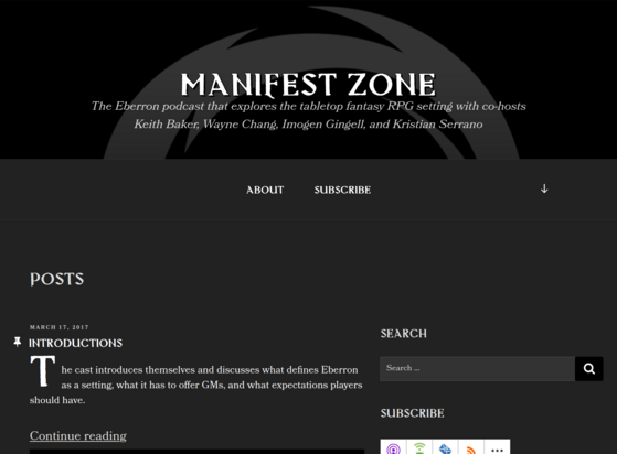 A screencap of a website that's in white on dark grey on black. The top has the title Manifest Zone and the subhead 
