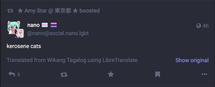the same mastodon post by user nano except it now reads

kerosene cats

beneath it it says 'translated from wikang tagalog using libre translate'