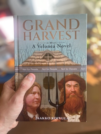 Book cover with two dwarves on it. Parody of the painting American Gothic. Book is called Grand Harvest.