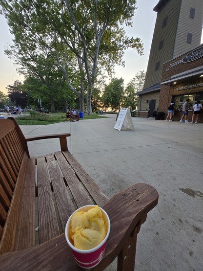 A cup of Mango sorbet on the arm of a wooden bench makes up the foreground. The Sun is setting behind some large oak trees on the background.  There is a sorn board in the mid-ground. The ground is light grey cement