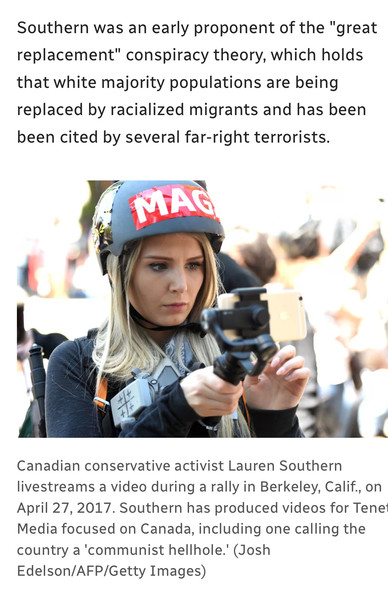 Image: caucasian woman with blonde hair in a helmet with a large sticker across the front with “MAGA” in large white block letters on a red background is shown looking into a mobile phone on a handle, reportedly live streaming from a MAGA rally in Berkeley, California on April 27, 2017. Background is blurred fragments so the trash stands out. 