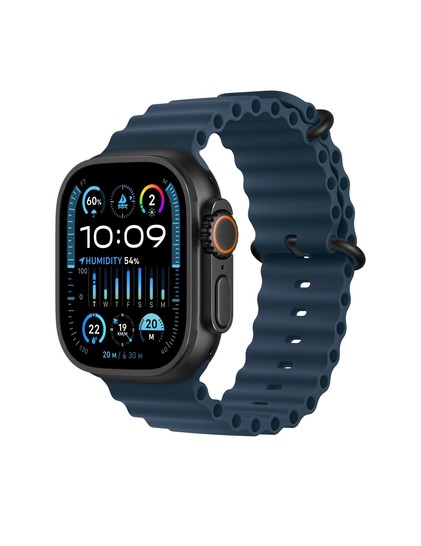 Image of a possible Apple Watch Ultra 3, with the option to have a black case around it, with a navy blue strap option.