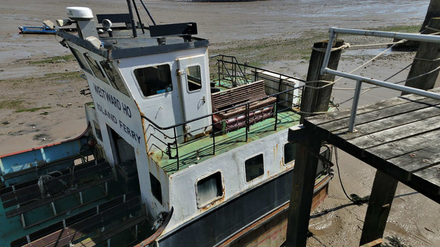 Looking down on the old Westward Ho ferry. Beached in the mud near North Pier Weston Super Mare or Weston Super Mud. 