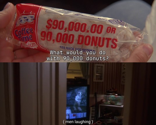 Two stills from Breakdown 1997. A package of donuts with a lottery listed on the label where one can win ninety thousand donuts. Another scene where someone is playing DOOM