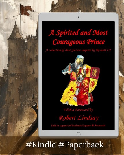 The cover of A Spirited and Most Courageous Prince featureing a jousing knight in red and yellow, on a black background. The image is superimposed on a painting of a castle, banner flying.