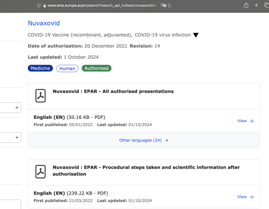 screenshot of the EMA website. I searched for Nuvaxovid
The results include PDF titled Nuvaxovid: EPAR - All authorised presentations 
this PDF was updated 1 October 2024