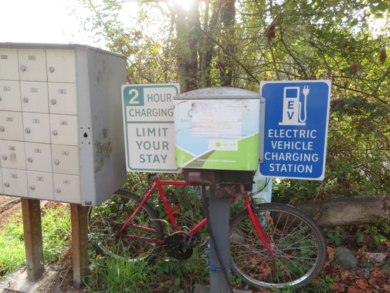 An electric vehicle charging station on Pender Island BC next to a mail box