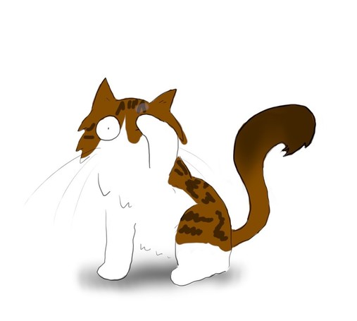 A cartoon of a tabby and white Maine Coon cat rubbing his head with his paw.