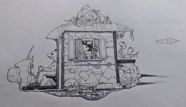 Ballpoint drawing of a small recreational vehicle with an open platform for the pilot, a window on the side, and a small flatbed in the back.  Mysterious technology provides lift for a family of three and their two companions.