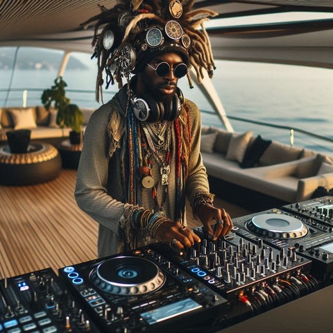 A portrait of an African American DJ with an eclectic style, their persona a fusion of urban and rural elements, mixing tracks on futuristic DJ setup on a yacht. 
