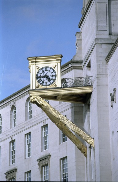 One of the gold clocks on Leeds civic hall