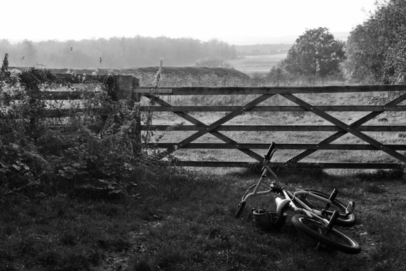 Apparently abandoned child's bicycle by a gate leading into an overgrown field with ancient earthworks and trees, low evening light, black and white