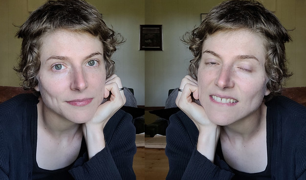 two pictures of me (a white girl with short hair wearing black) holding my chin in my hand, mirrored; on the left, I'm smiling with my mouth closed, trying to look normal and friendly; and on the right, I'm biting my lip and my eyes are shutting, in a way that I hope is as disturbingly erotic for you as it apparently was for me