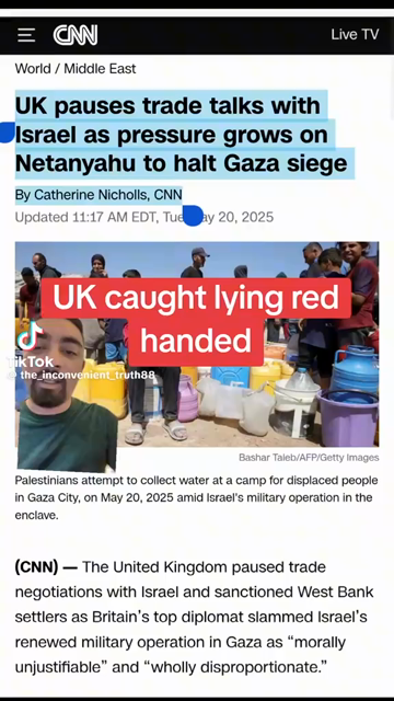 The video begins with a CNN news article headline: "UK pauses trade talks with Israel as pressure grows on Netanyahu to halt Gaza siege," authored by Catherine Nichols and updated at 11:17 AM EDT on Tuesday, May 20, 2025. The article discusses the United Kingdom's decision to pause trade negotiations with Israel and sanction West Bank settlers, criticizing Israel's military operation in Gaza as "morally unjustifiable" and "wholly disproportionate." The accompanying image shows Palestinians coll…