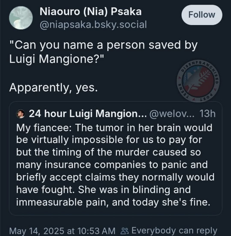 The image shows a screenshot of a social media post. The post is from a user named Niaouro (Nia) Psaka, with the handle [@]niapsaka.bsky.social. The post is a response to a question asking if Luigi Mangione has saved a person. The response is a reply from another user, who shares a personal story about their fiancée. The reply mentions that the fiancée had a brain tumor that would have been difficult to pay for, but due to the timing of a murder, many insurance companies accepted claims they wo…