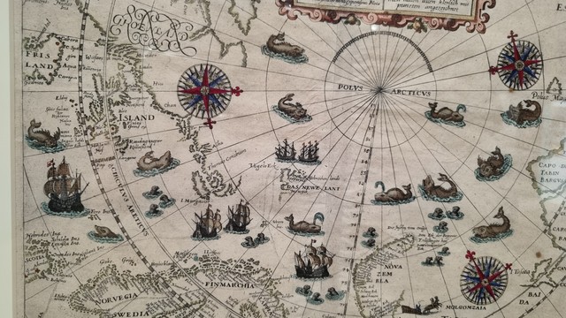 A section from an old map, showing lots of ships, whales, seals and walrus. The sea creatures look quite monstrous!