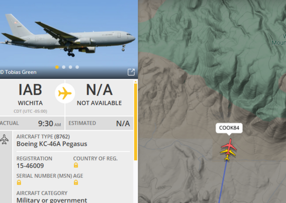 Snip from Flightradar24 showing two KC-46A Pegasus US Air Force refuelling aircraft obviously in close formation and probably refuelling each other. The two aircraft are callsigns COOK84 and COOK63. 