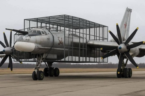 a russian airplane, someone added a so-called 'cope cage' like they are used on tanks for drone protection, literally a cage around the corpus of the plane