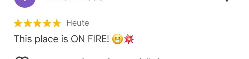 5 stars rating, comment: "This place is ON FIRE! 😬💥"