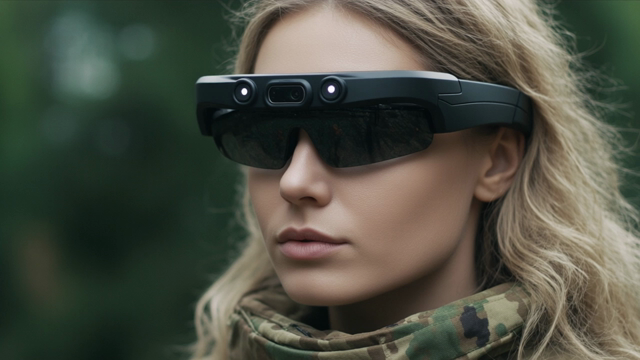 Woman wearing AI-designed smart glasses for The vOICe sensory substitution for the blind.