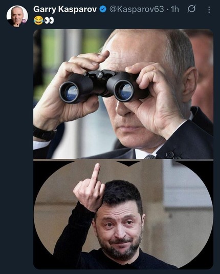 Screenshot eines Tweets von Garry Kasparov; er postet zwei Bilder; oben ein Propagandabild von Putin, der durch ein Fernglas sieht.
Unten ein grinsender Zelenskyy, der die Hand zum Mittelfinger hebt (Photoshop oder KI, keine Ahnung)