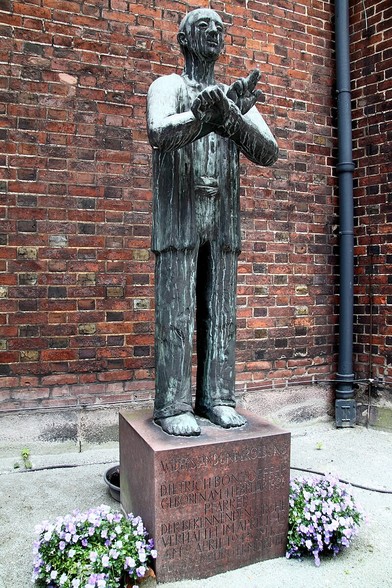 Statue of Bonhoeffer near St. Peter's Chapel in Hamburg. Dietrich Bonhoeffer was killed by German Nazis before the end of WWII--because he was a leader of Anti-Nazi Christian movements. (Photo from Wikipedia's Dietrich Bonhoeffer article.)