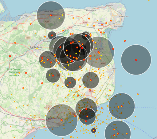 A screen capture from lighting maps dot org showing many many circles just east of Canterbury