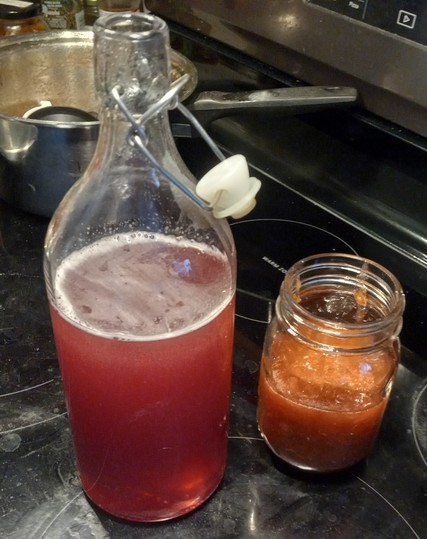 A glass bottle two-thirds full of a clear, red liquid next to a half-full mason jar of red-orange jam.