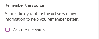 And there's a setting called "Remember the source: Automatically capture the active window information to help you remember better." with a checkbox. 

If you uncheck this box, the stupid label change remains, all that stops is where the top of your note has a snip of `Source: <what window you had open>`. The visual disruption of that label changing, and having the +Note/Screenshot buttons appear and disappear all the time is annoying AF. 