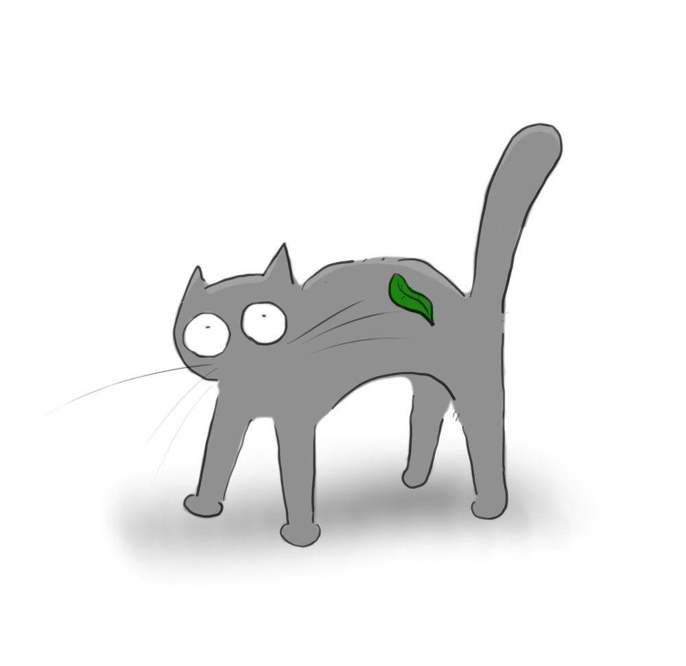A cartoon of a grey cat arching its back ready to fight, as a leaf lands on its back.